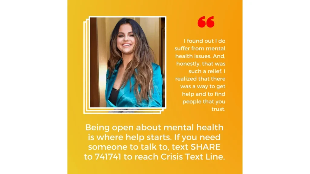 screenshot with a Crisis Text Line poster featuring Selena Gomez who says how much talking about her mental health helped her
