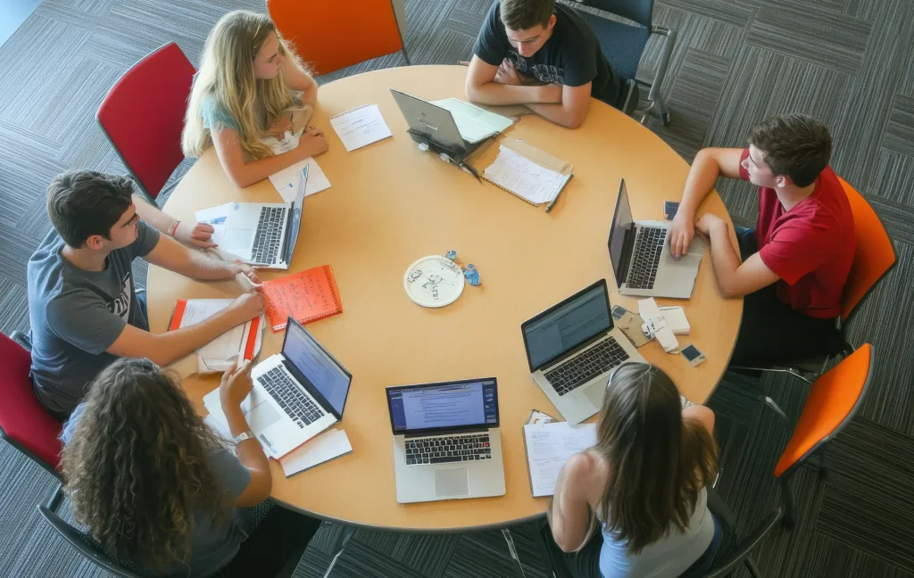 students gathered around at a table with laptops discussing wellbeing plan